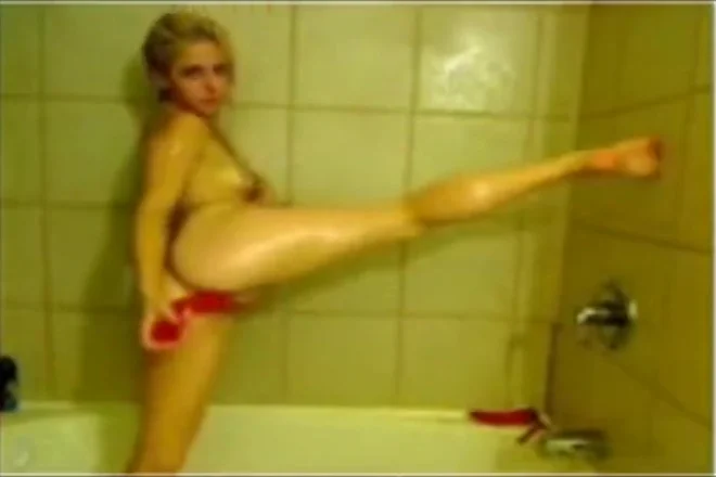 Crazy Blonde Gymnast Girl Fucking Her Ass in the Bathroom