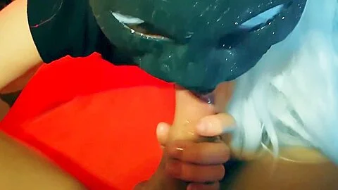POV petite girl in mask kitty learning sloppy deepthroat blowjob on sofa