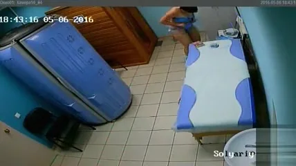 Chubby mature patient reveals her saggy breasts to a surveillance cam