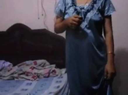Indian Housewife In blue Nighty