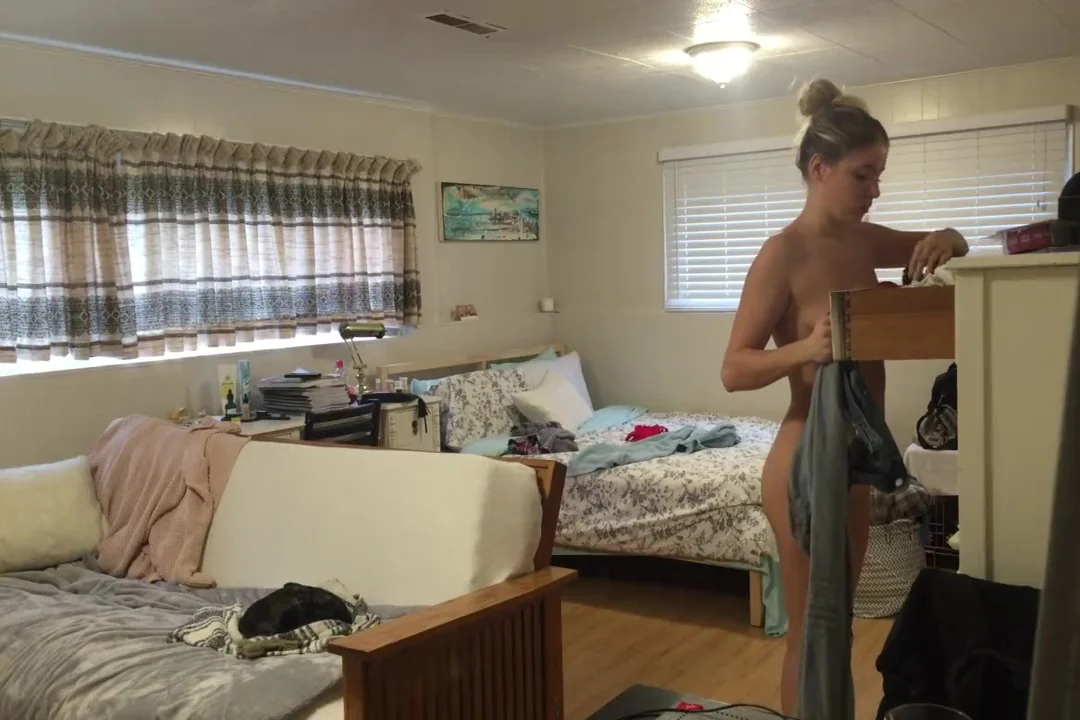 Gorgeous tattoed Step sister busted getting dressed in bedroom after shower