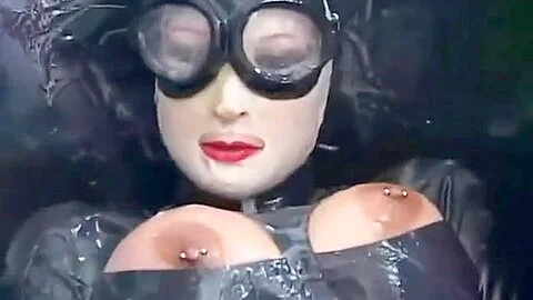 Girl With Big Boobs Encased In Black Rubber Latex Catsuit Enjoys Bucket Of Hot Cumm - 2