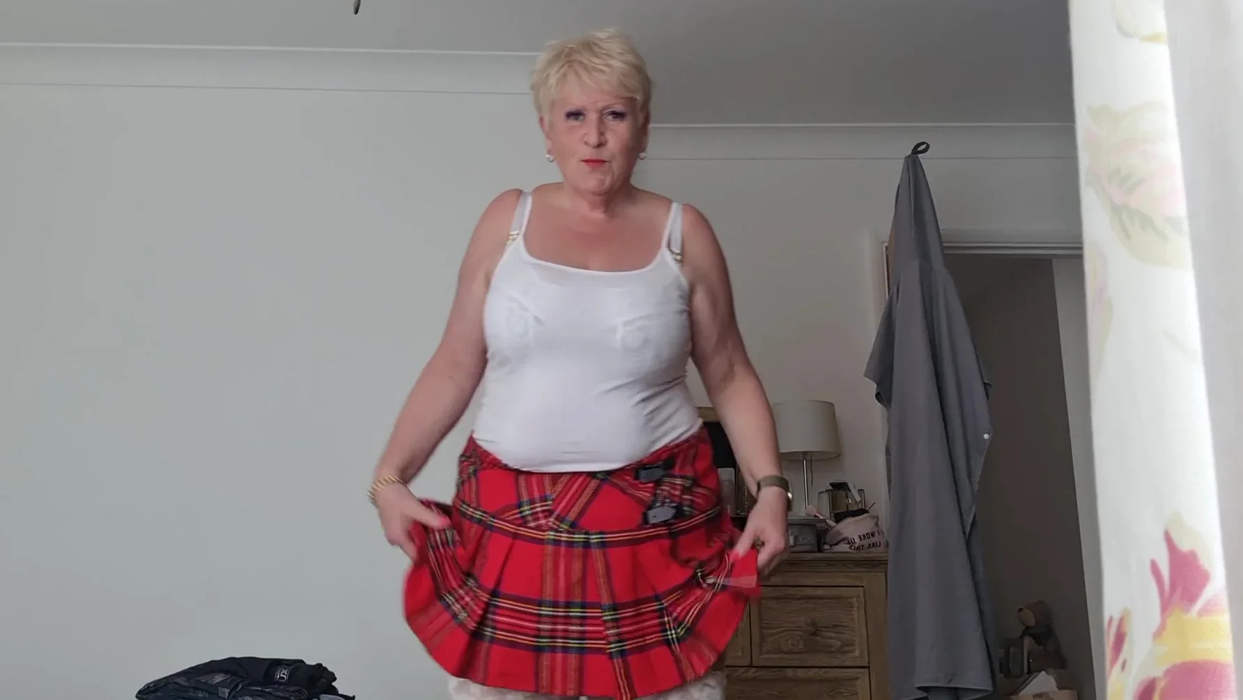Tartan Skirt Stockings And White See Thru Panties