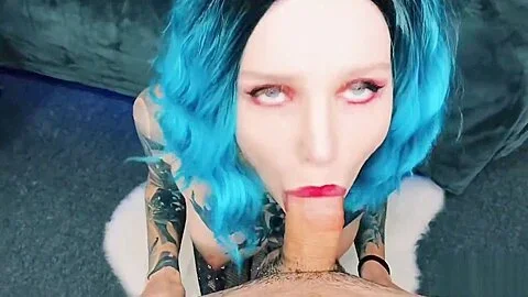 Deepthroat big dick, sloppy blowjob by sexy blue-hair babe - RedFox/Red Fox