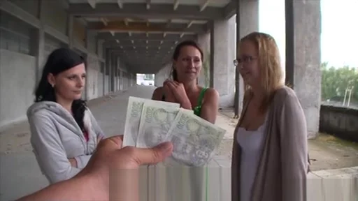 Three bitched get paid to get naked in public and suck one horny cock