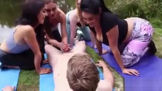 CFNM Four Yoga student 18+ girls jerking dick outdoor