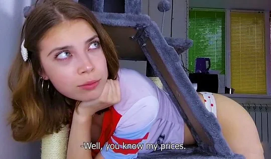 Russian skinny girl in the middle of the stairs in the pose of cancer ...